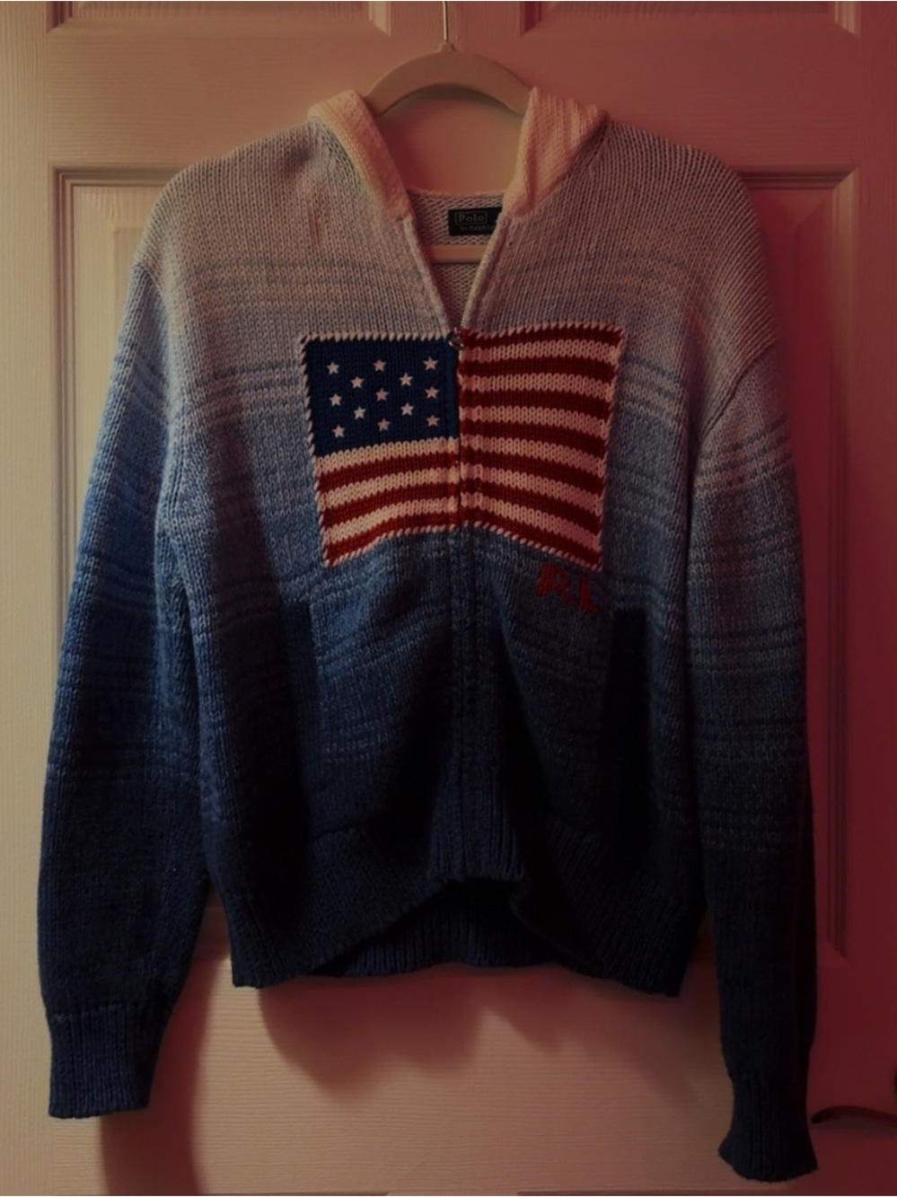 Polo Ralph Lauren Flag Ombré Cotton Zip Hoodie in white and royal blue